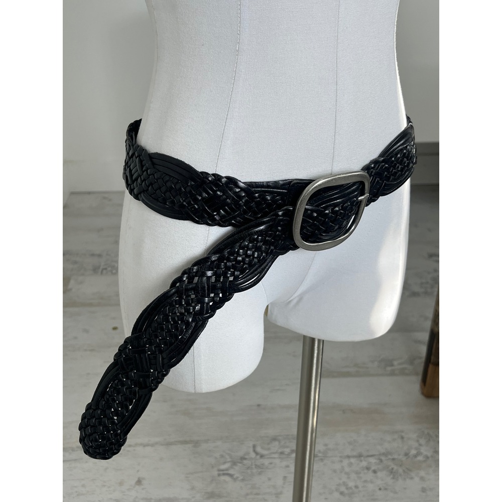 Lands End Womens Black Braided Leather Belt Medium 30-32.5 Silver Buckle Wide